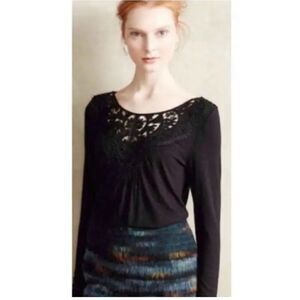 Anthropologie Meadow Rue Bobbin Crochet Lace Long Sleeve Black Top Size‎ Small